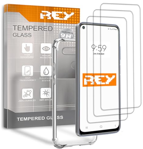 REY 3X Protector de Pantalla y Funda Anti-Shock para LG K51s Quad CAM, Cristal Vidrio Templado y Silicona TPU de Alta Resistencia
