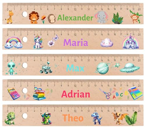 Personalisiertes Kinderlineal aus Holz - 20 cm Lineal mit Namen & süßen Motiven wie Dino, Regenbogen, Bär - Geschenk zur Einschulung 2025 für Jungen & Mädchen - Schultüten-Füllung Idee, Schulanfang