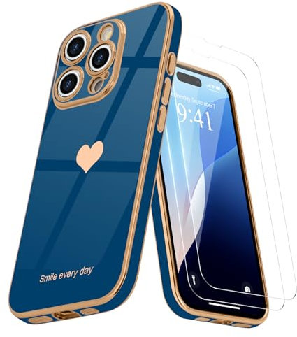 Teageo for iPhone 16 Pro Max Case with 2 Screen Protector Heart Pattern for Women Girls Luxury Bling Plating Soft TPU Anti-Scratch Shockproof Bumper Phone Case for iPhone 16 Pro Max, Royal Blue