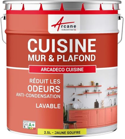 ARCANE INDUSTRIES Peinture Cuisine, lessivable, absorbe Les odeurs - 2.5 L Jaune soufre - RAL 1016
