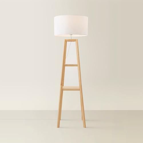 ValueLights | Natural Wood 2 Storage Shelf Floor Lamp with White Fabric Lampshade Living Room Light | Floor Lamps, Home Décor & Improvement Essential