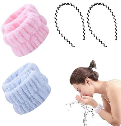 4 Stück Hautmanschetten mit 2 Haarband, Manschetten für die Gesichtswäsche, Flanell-Handgelenkbandagen Face Wash, saugfähige Handgelenkbandagen für Skincare Yoga Spa Dusche