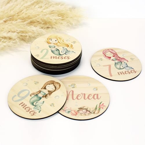 DEHOME - Placas Cumplemes Personalizadas con Nombre - Tarjetas Hito Bebé Madera Pino Natural 4mm - Impresión Directa sobre la madera - Regalo para Recién Nacido Hecho en España (Sirena, Español)