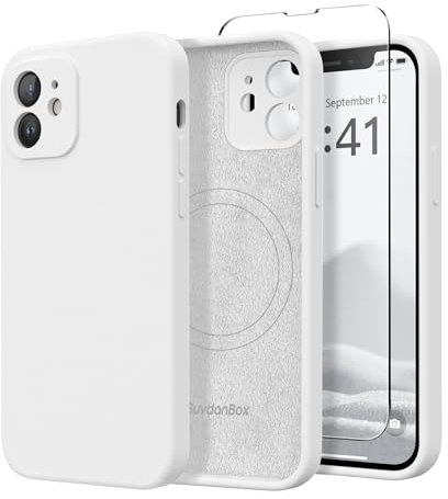 SuydanBox Magnetic for iPhone 12 Case, Compatible with MagSafe, [Full Camera Protection][Screen Protector] Silicone Shockproof Protective Phone Case for iPhone 12 6.1, White