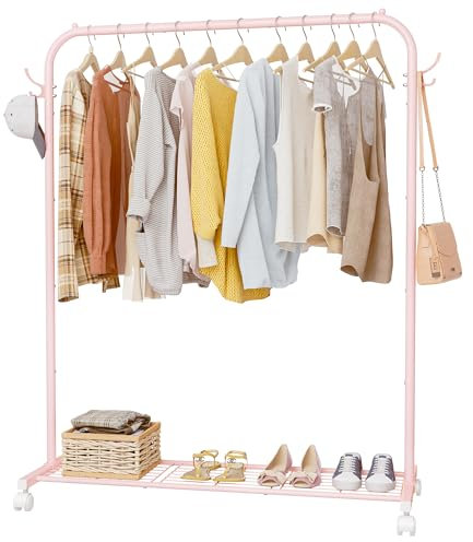 Clothes Rail, Portable Clothes Rack with Hook and Metal Storage Shelf, Heavy Duty Clothes Rail on Wheels, Clothes Rails for Bedroom, Hanging Rails for Clothes, Holds up to 40 kg, Pink