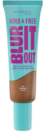 Rimmel Kind & Free, Blur It Out Mattifying Skin Tint, 607 Mahogany, Lightweight Matte Finish, Minimises Pores, Infused with Cica Complex and Vitamin E, SPF 20, All-Day Shine Control, 30ml