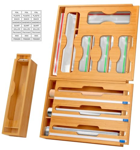 comfoyar 9 In 1 Bamboo Storage Bag Organizer with Slider, Foil and Plastic Wrap Organiser with Cutter for Kitchen Drawer, Bag Storage Dispenser for Gallon Quart Sandwich Snack Bag 12 Roll