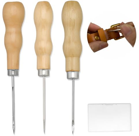 JEYORZY 3 Piezas Punzón, punzón de coser de cuero, punzón de coser, punzón doblado con mango de madera, kit de punzonado, herramienta de bricolaje