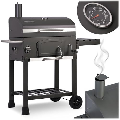 Berdsen Grill Holzkohlegrill Grillwagen mit Deckel Thermometer Grillkamin 122 x 109,5 x 48 cm Grau