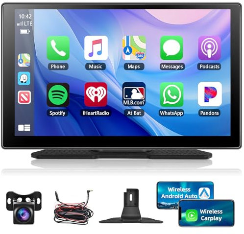 Motorsi 9 Pouces Écran CarPlay pour Carplay Android Auto sans Fil, Ecran Tactile pour Radio, Voiture Portable avec Assistant Bluetooth, Mirrorlink, Assistant Vocal, GPS, FM, AUX+AHD Arrière Caméra