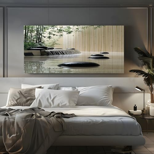 ZORYAN Zen-Steine Bambus Wandbilder Dekoration Wohnzimmer Leinwand Bilder | 60x120cm Rahmenlos Grün Leinwandbild Schlafzimmer Deko, Wandbilder, Groß Kunstdruck Art Wanddeko Bild Decor Canvas