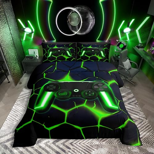 Homewish Gaming Bettwäsche 155x220 Grün Gamer Bettbezug für Kinder Jungen Teenager,Videospielkonsolen Bettset Dunkelblau Sechseckigem Waben Gamepad Muster Bettwäscheset Schlafzimmerdekor Mikrofaser