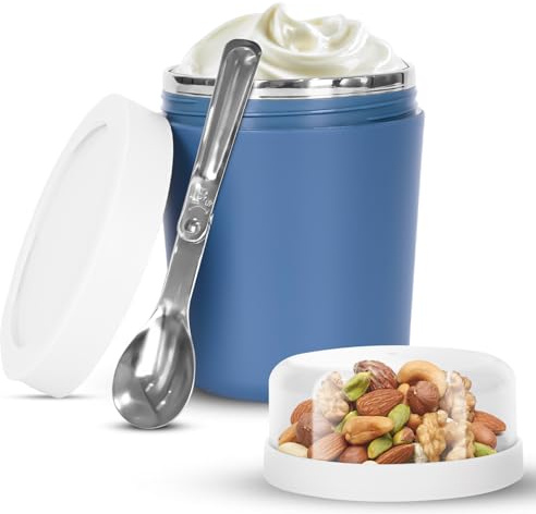 BUCOMTU Tazza per Cereali in Acciaio Inox, 500ml+220ml Contenitore Yogurt Contenitore per Yogurt e Cereali con Cucchiaio, Portatile a Prova di Perdite per Pane, Insalata Rice