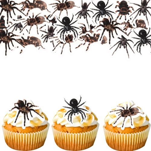 Gleevio Essbare Spinnen Cupcake Topper 48 Stück, 8 Stile, Horror Halloween Tortendeko Essbar, Esspapier Spinnen Tortendeko Geburtstag, Halloween Deko Torte Essbar, Muffin Deko Horror-Partys