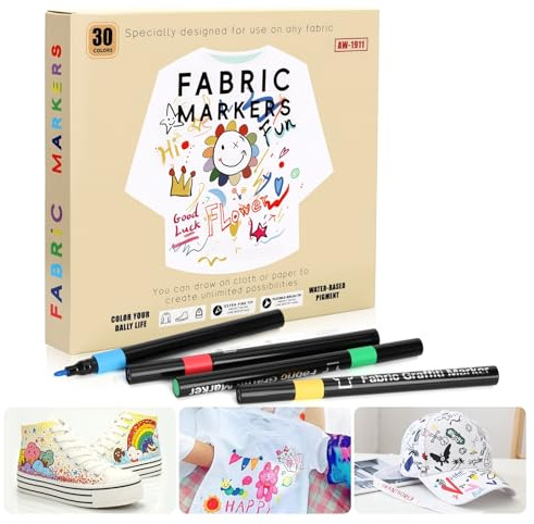 30PCS Fabric Pens Permanent for Clothes, Fabric Markers Wash Resistant | Felt Fine Tip Paint Pens Black White Red for T Shirts Canvas Tote Bags Baseball Cap Pillowcases Party Crafts
