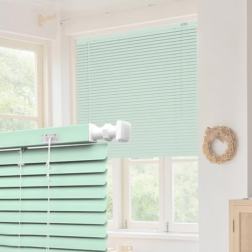 Store Vénitien en Aluminium Preuve de l'eau, Lames de 25mm, Stores Vénitiens Horizontaux sans percage, 30 55 75 95 120 140 160 180 200 cm Volets Occultants pour Intérieurs(Light Green)