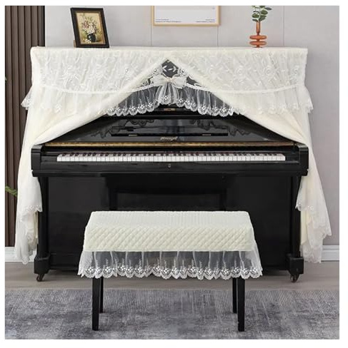 klavier abdeckung Moderne Klavierabdeckung aus Stoff mit Spitze, Klavierstaubschutz, All-Inclusive-Polierabdeckung, geteilte Klavierhälfte, Klavierbanktuch(White,58x38cm Chair)