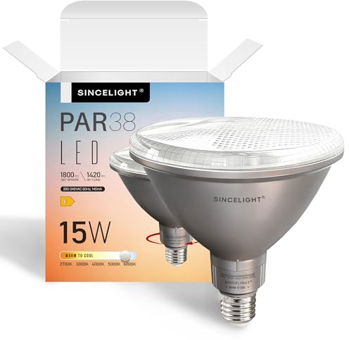 SINCELIGHT PAR38 LED-Glühbirne mit E27-Sockel, 15W (Entspricht 180W), von Warmweiß bis Kaltweiß Einstellbar (2700K bis 6000K), Hoher CRI 95, 1800lm, 38° Abstrahlwinkel, IP65 Wasserdicht, 1er-Pack