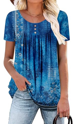 CHICZONE Women's Tops Shirts Round Neck Button up Ladies Tunic Pleated Blouse Loose Fitted