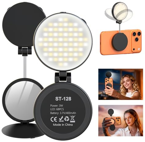 Magnetische Selfie Licht für iPhone Faltbare Ringlicht mit Spiegel, USB-C | Kompatibel mit Mobiltelefonen, Kameras und Computern, Beauty Light LED, CRI 95, 400-mAh-Akku Leicht, Unterstützt Schnellladen