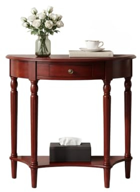 OVOGGPAN Consolle a mezzaluna in legno massello, tavolino da ingresso con cassetto e ripiano, tavolino d'appoggio in stile contemporaneo e vintage per soggiorno, corridoio(Teak Color,100cm/39.4in)
