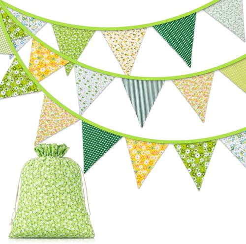 Orifinter Floral Bunting, 24PCS Fabric Bunting + Drawstring Bag, Reusable Vintage Banner Flags for Mothers Day, Afternoon Tea, Garden Party, Birthday, Ve Day, Easter, Spring Decorations (green)