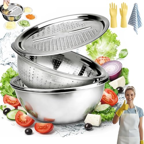 Germany Multifunctional Stainless Steel Basin, 3 in 1 Stainless Steel Basin and Grater Set, 26cm Colander Basin Mixing Bowl Set, Food Graters for Kitchen for Fruit Vegetable (26CM)