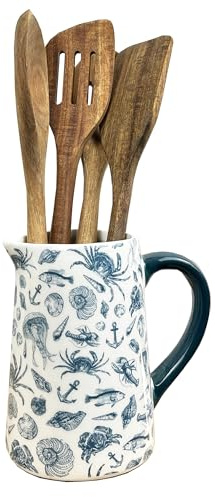 16cm Tall Blue & White Nautical Fish Seashell Anchor Ceramic Kitchen Utensil Storage Pot/Decorative Jug