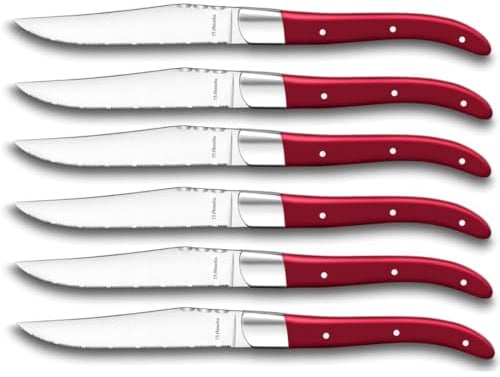 Amefa Lou Laguiole Louis Steakmesser-Set, 6-teilig, Griffe Rot, Mikro-Wellenschliff mit langanhaltender Schärfe, super scharf & schnitthaltig, Steakbesteck, Profi Steak-Set