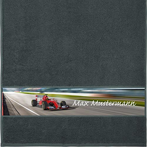 Manutextur Handtuch mit Namen - personalisiert - Motiv Sport - Rennauto - viele Farben & Motive - Dusch-Handtuch - anthrazit - Größe 50x100 cm - persönliches Geschenk mit Wunsch-Motiv und Wunsch-Name