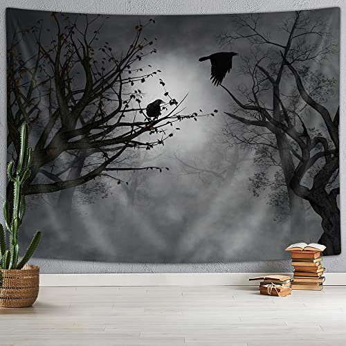 Mystic Fog Forest Wandteppich Gothic, Vögel auf Zweigen gruseligen Dschungel bei tiefem Wald, Wandbehang, Halloween-Wandteppich, Wanddeko, für Schlafzimmer, Wohnzimmer, 152,4 x 101,6 cm