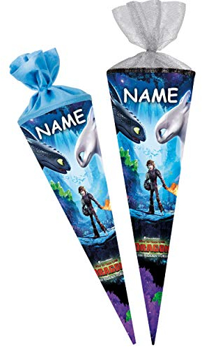 Schultüte - Dragons - Drachenzähmen leicht gemacht - 85 cm - 6 eckig - incl. Name - Tüllabschluß - Zuckertüte - mit/ohne Kunststoff Spitze - Nestler - Junge..