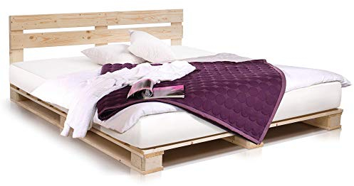 PALETTI Palettenbett inklusive Kopfteil Massivholzbett Holzbett Bett aus Paletten mit 11 Leisten, Palettenmöbel Made in Germany, 180 x 200 cm, Fichte Natur