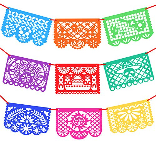 Novelty Place Mexikanische Partybanner aus Filz – Picado-Banner aus Filz – mexikanische Fiesta-Party-Dekorationen für Dia De Los Muertos, Tag der Toten, Cino de Mayo, 9 Musterbahnen