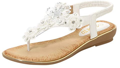 Sandalen Frauen Sommer Blume Kristall Perle Flip Flops Strand Freizeitschuhe (38,Weiß)