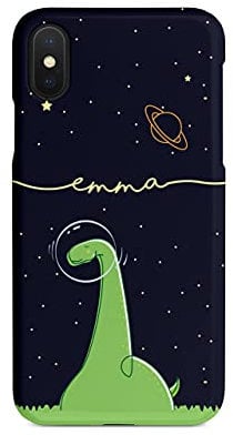 Tirita Personalised Initials Custom Hard Phone Case Compatible with iPhone Xr Chubby Dinosaur Bubble Space Dino