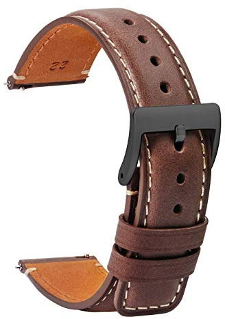 TStrap Leder Uhrenarmband 20mm - Weich Braun Quick Release Uhrenarmbänder Ersatz - Sport Uhrenarmband für Herren Damen - Smartwatches Armband mit Schwarz Schließe Haspe - 18mm 20mm 22mm