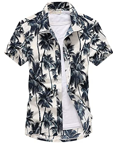 Onsoyours Chemise à Manches Courtes Rayures Colorées pour Hommes Ete Slim Fit Grande Taille Hawaïenne Carreaux Imprimé Plage DéContracté Poche-Avant Tops Blouse A Blanc L