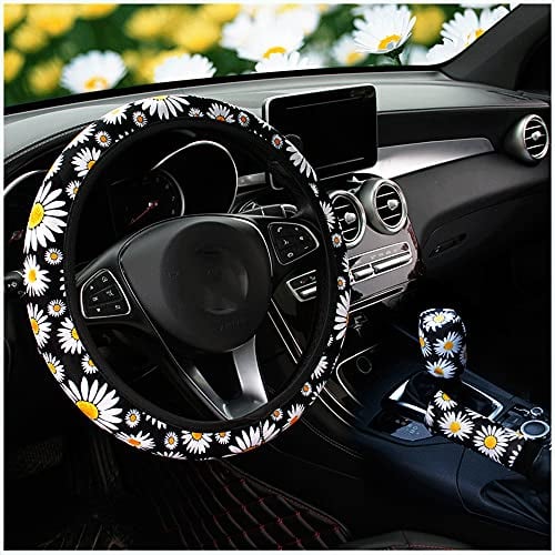 Bunte Blumen Stoff Lenkradabdeckung Lenkradbezug,Handbremse Schaltabdeckung Und Lenkradschoner,Universal Auto Lenkradhülle Teleskop Lenkrad Abdeckung Auto Zubehör Damen 37-38cm,Schwarz Gänseblümchen