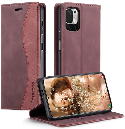 Casecond für Xiaomi Redmi Note 10 5G /Poco M3 Pro 5G Hülle Handyhülle Leder Flip Case Magnetisch Klappbar Kartenfach Klapphülle Lederhülle für Männer Frauen RFID Schutz Schutzhülle Wein Rot und Rot