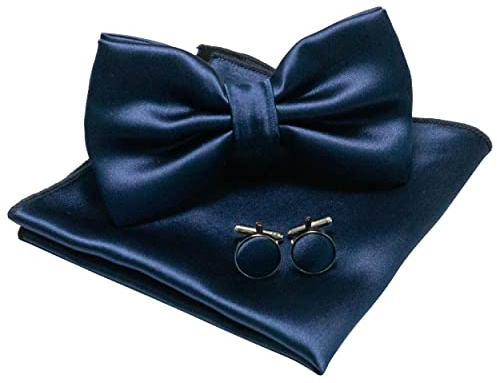 JEMYGINS Herren Fliege Dunkelblau 5 Satin Fliege und Einstecktuch mit Manschettenknöpfe Sets