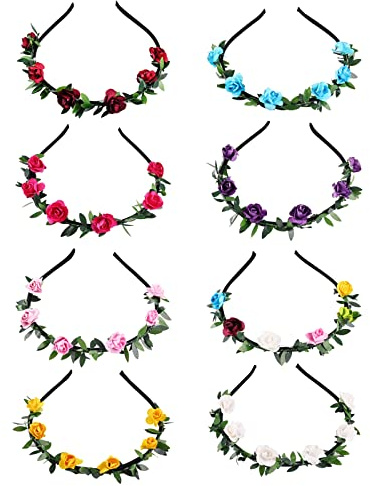 8 Stück Blumenkranz Blume Krone Stirnband,Mehrfarbig Girlande Haarband,Kopfschmuck Böhmische,Haarreifen Haarschmuck,Haar Zubehör für Kinder Frauen Mädchen Braut Brautjungfer Hochzeit Geburtstag Party