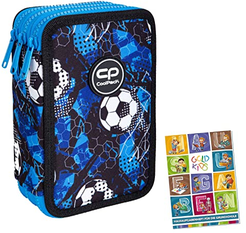 Goldkids Federtasche 3-fache Federmappe Federmäppchen 46-teilig gefüllte Schüleretui Stifte und Pinsel inkl. Aufgabenheft Federbox Etui Stiftetasche Schlamper-Etui Schul-Etui Soccer Fußball