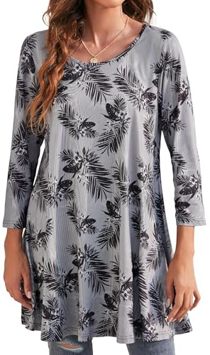 Enmain Womens Tunic Top 3/4 Long Sleeve Tunics for Women UK Plus Size Round Neck Ladies Swing T-Shirt Grey Longline Tops for Leggings Casual Loose Leaf Pattern Blouse T Shirts XXXL
