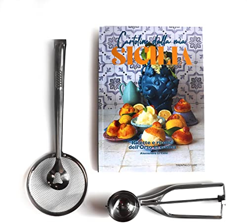 Set Arancini o Arancine, incluye libro Postales de mi Sicilia, un porcionador de helado de acero inoxidable, una pinza para fritos con espumador de punto