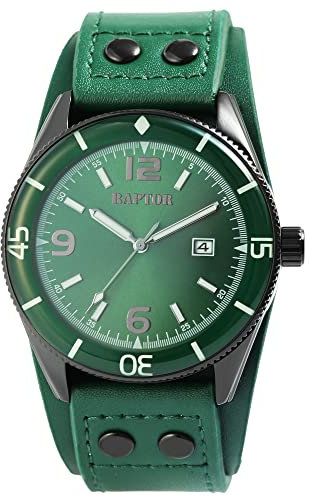 Raptor Gabin Herren-Uhr Datum Unterlegarmband Leder Analog Quarz RA20367 (grün)