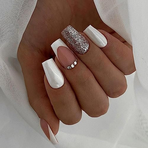 Ceboic Court Carré Faux Ongles Français Ongles à Coller 24Pcs Pleine Couverture Glossy Ballerine Acrylique Press on Nails avec Dessin pour Femmes et Filles, 12 Tailles (Blanc Rose Strass)