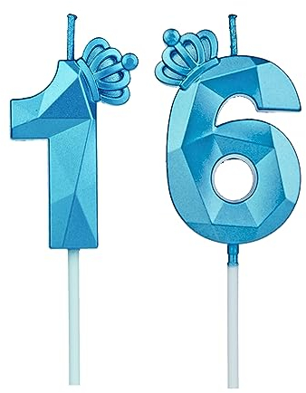 Geburtstagskerzen Zahlen 16 mit Krone,3D Kerzen Geburtstag für Kuchen geburtstagsdeko, Geburtstag Kerzen Zahlen, Geburtstagskerzen Kinder für Partys, Hochzeiten, Firmenfeiern, Jubiläen (Blau, #16)