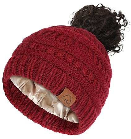 Hat Hut Damen Satin gefütterte Beanie-Mütze, mit Seide gefüttert, Wintermütze für lockiges Haar, Pferdeschwanz Ponytail Beanie, Strickmütze (DE/NL/SE/PL, Alphanumerisch, Einheitsgröße, Rot)