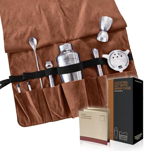 GooD ELEMENT, Ensemble de 8 pièces, Set Cocktail, kit Cocktail Complet, Shaker Cocktail INOX, Accessoire Bar, kit Mojito,idée Cadeau crémaillère, Materiel Cocktail (Marron - Outils argentés)